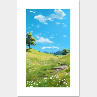 grassy hillside surrounded by dense vegetation Posters and Art